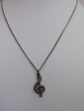 Pewter Treble Clef Pendant Necklace 16" Long Vintage